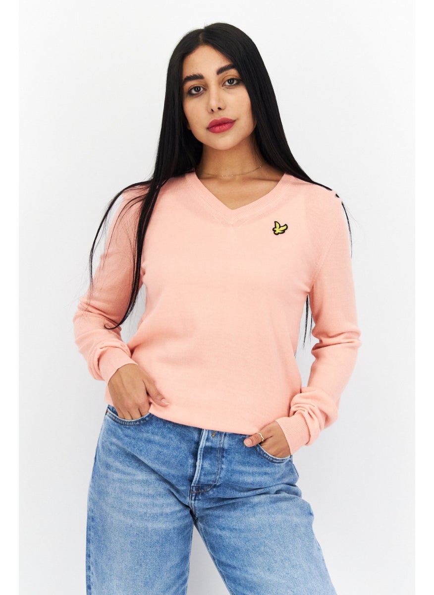 Women V-Neck Brand Logo Long Sleeve Sweater, Pink