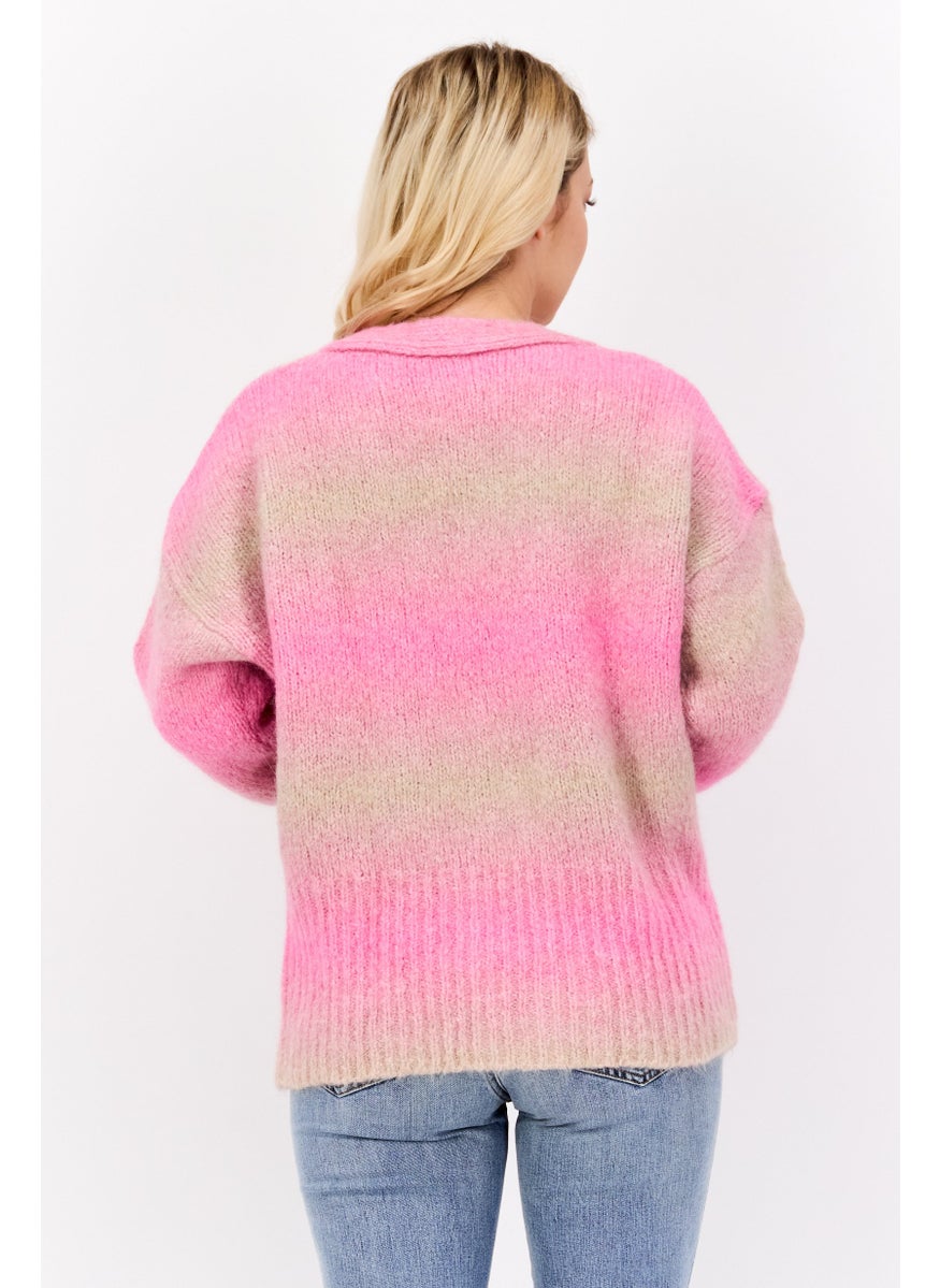 Women V Neck Ombre Pattern Sweaters, Pink