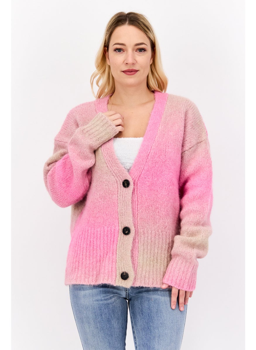 Women V Neck Ombre Pattern Sweaters, Pink