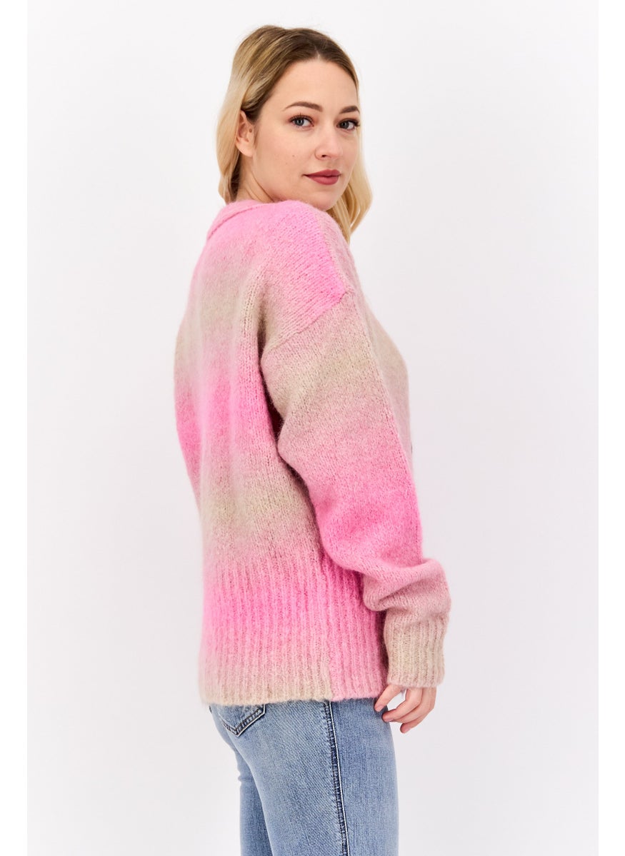 Women V Neck Ombre Pattern Sweaters, Pink