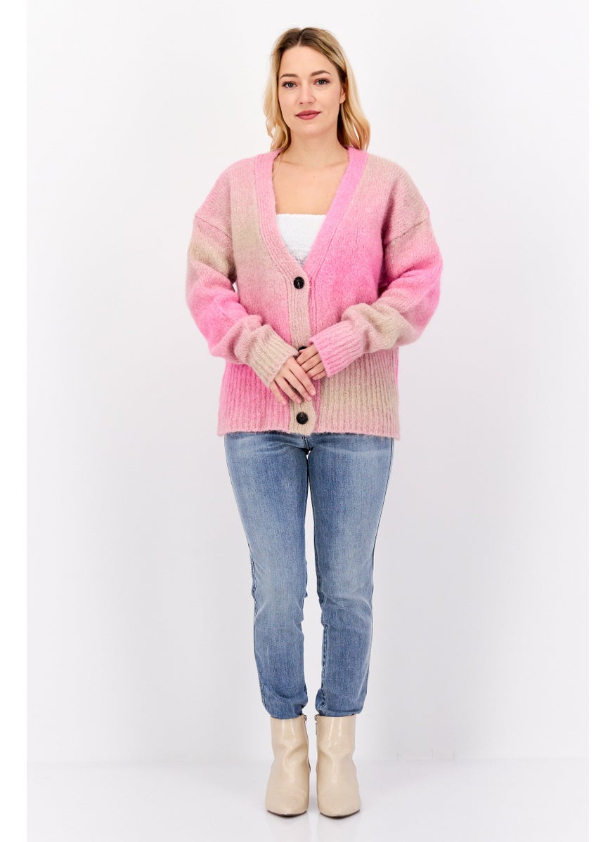 Women V Neck Ombre Pattern Sweaters, Pink