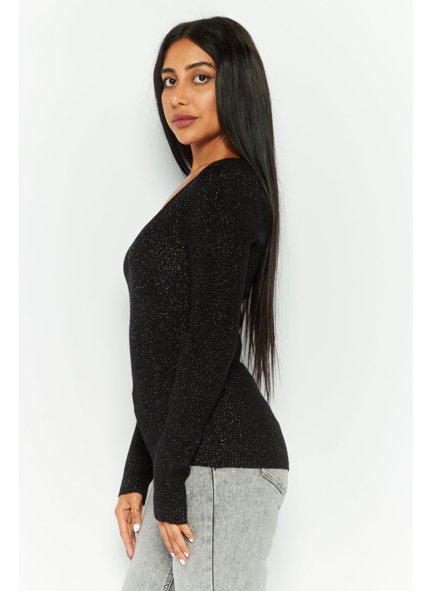 Women V-Neck Long Sleeves Metallic Sweater, Black