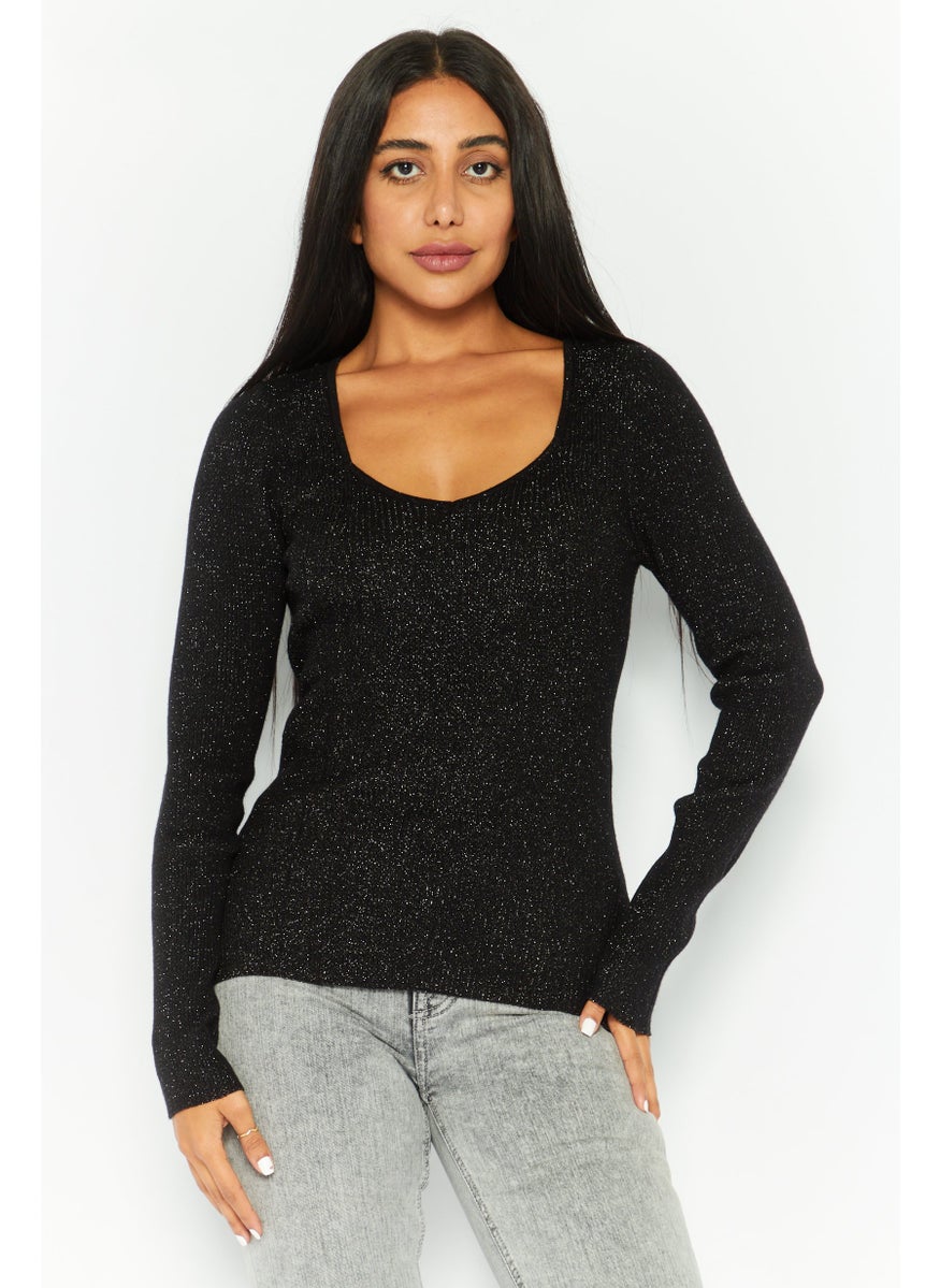 Women V-Neck Long Sleeves Metallic Sweater, Black