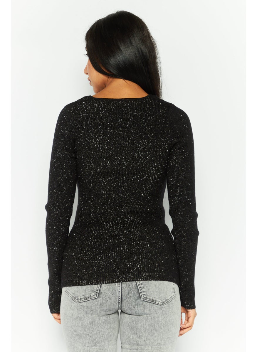 Women V-Neck Long Sleeves Metallic Sweater, Black