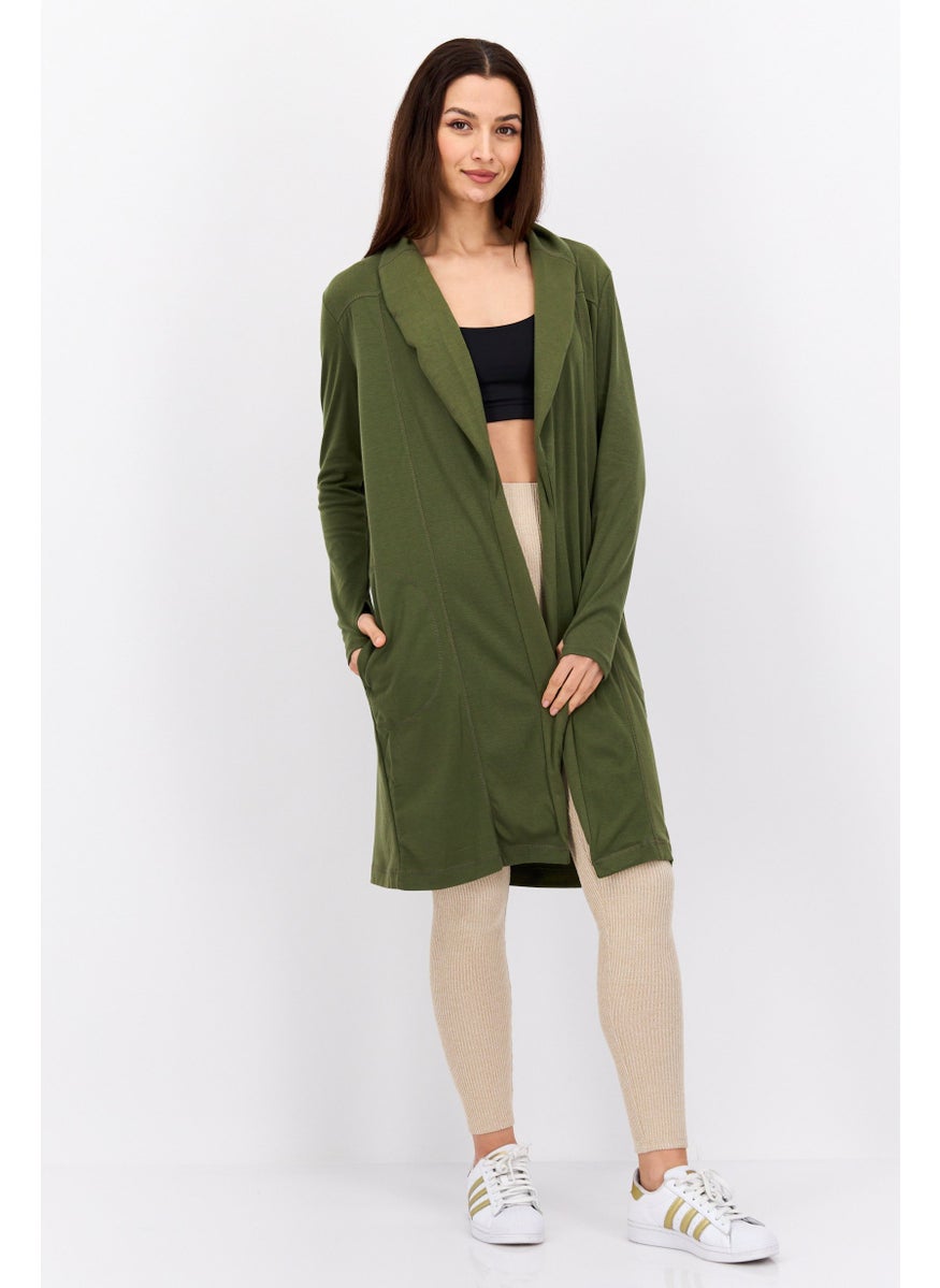 Women Split Neck Long Sleeve Plain Open Front Cardigans, Olive