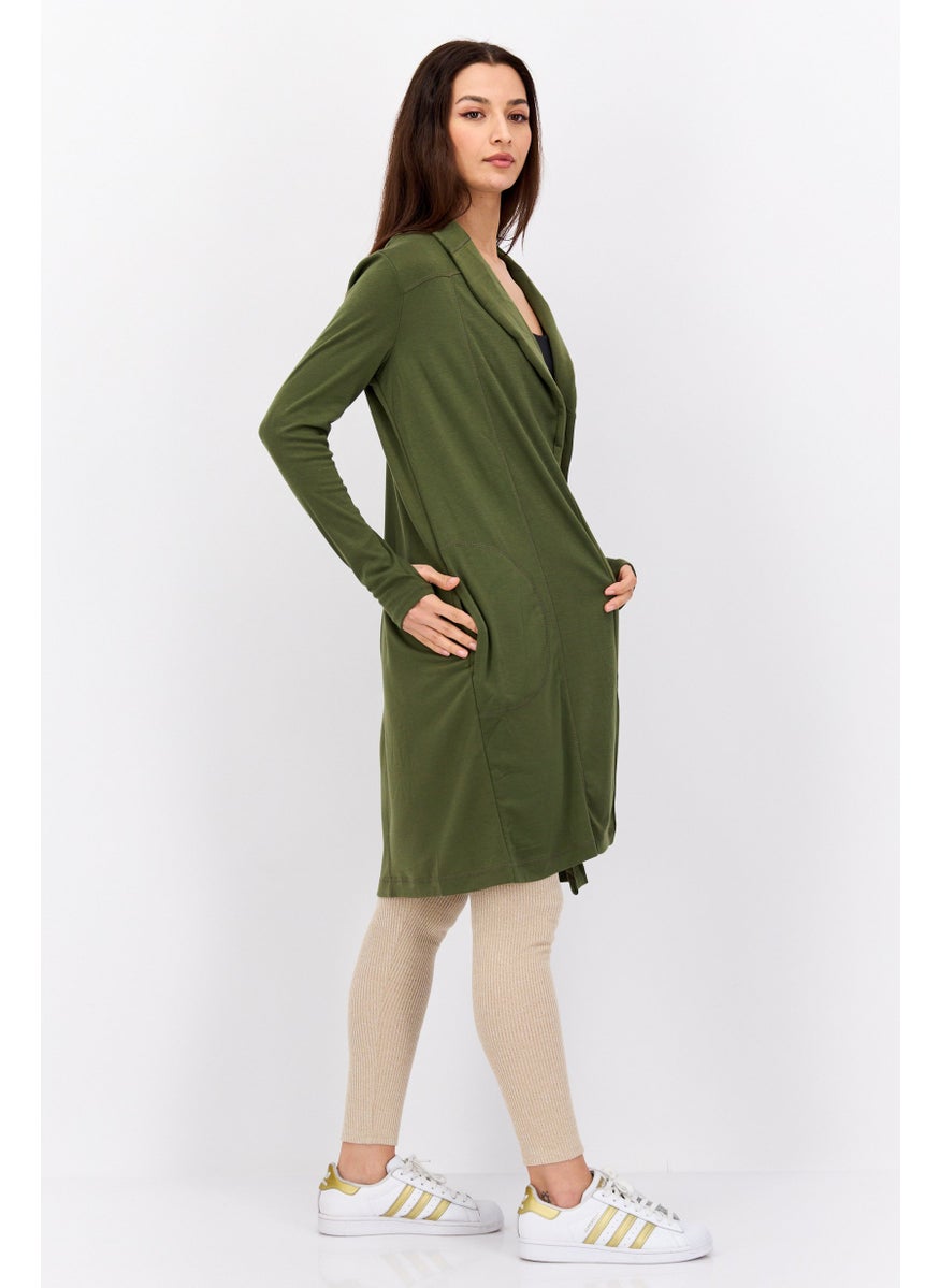 Women Split Neck Long Sleeve Plain Open Front Cardigans, Olive