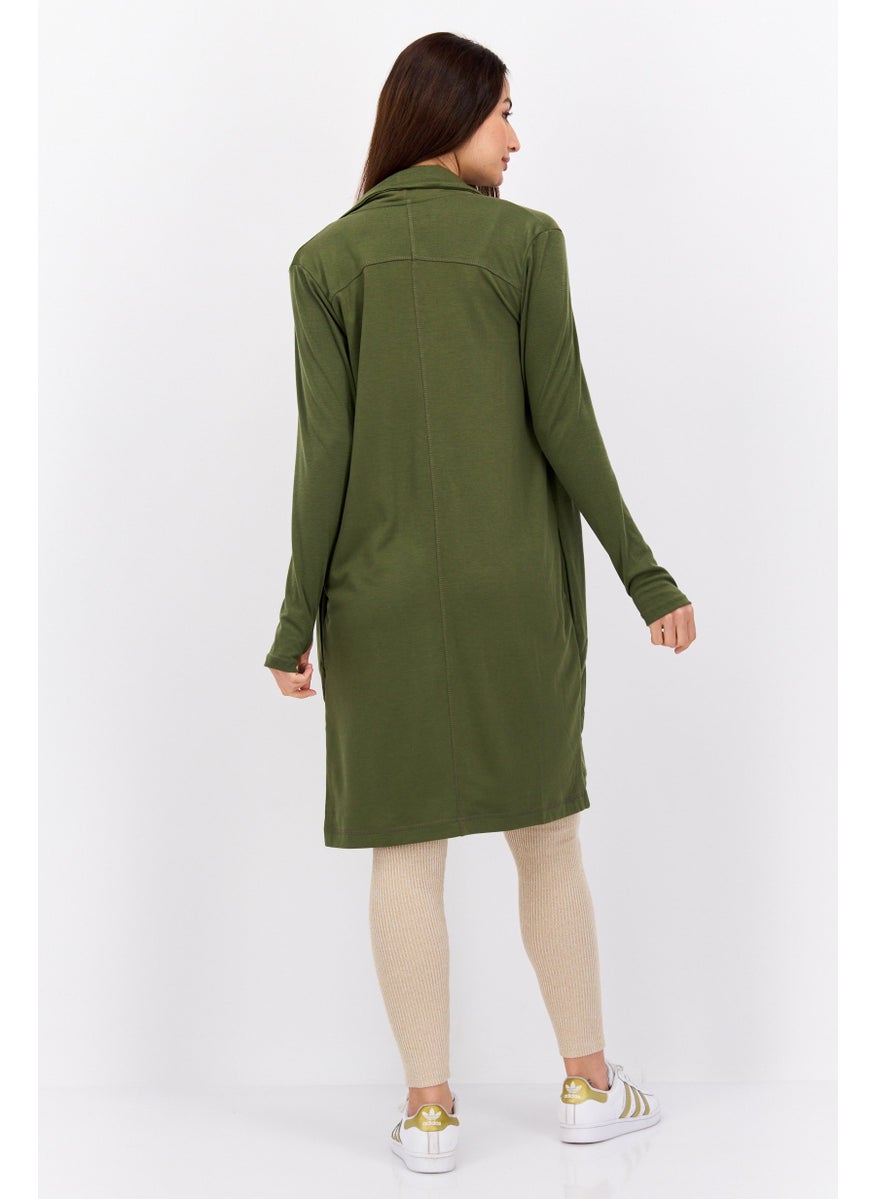 Women Split Neck Long Sleeve Plain Open Front Cardigans, Olive