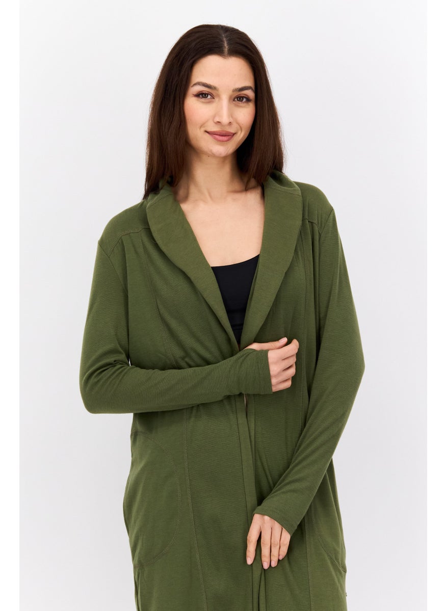 Women Split Neck Long Sleeve Plain Open Front Cardigans, Olive