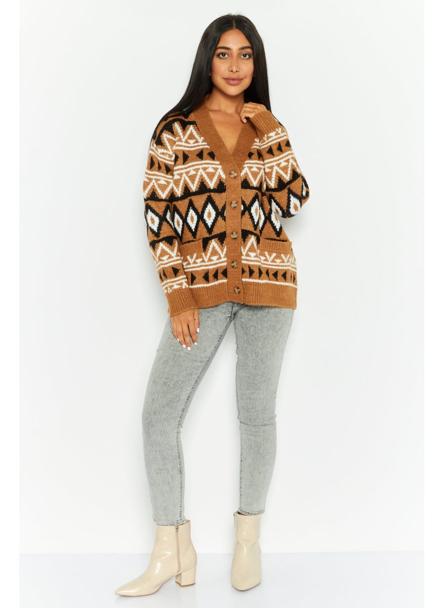 Women V-Neck Long Sleeves Aztec Print Cardigans, Brown Combo