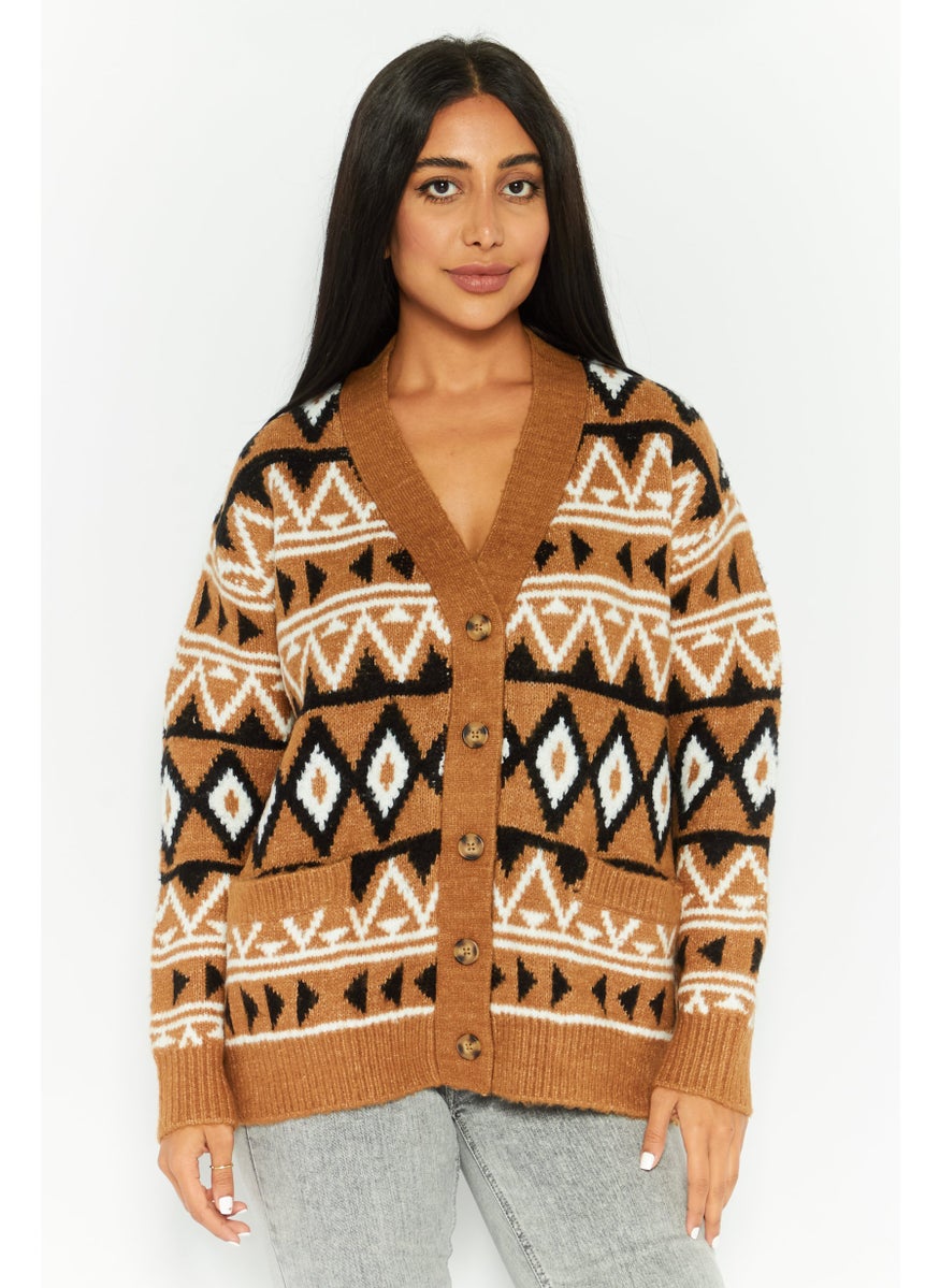 Women V-Neck Long Sleeves Aztec Print Cardigans, Brown Combo