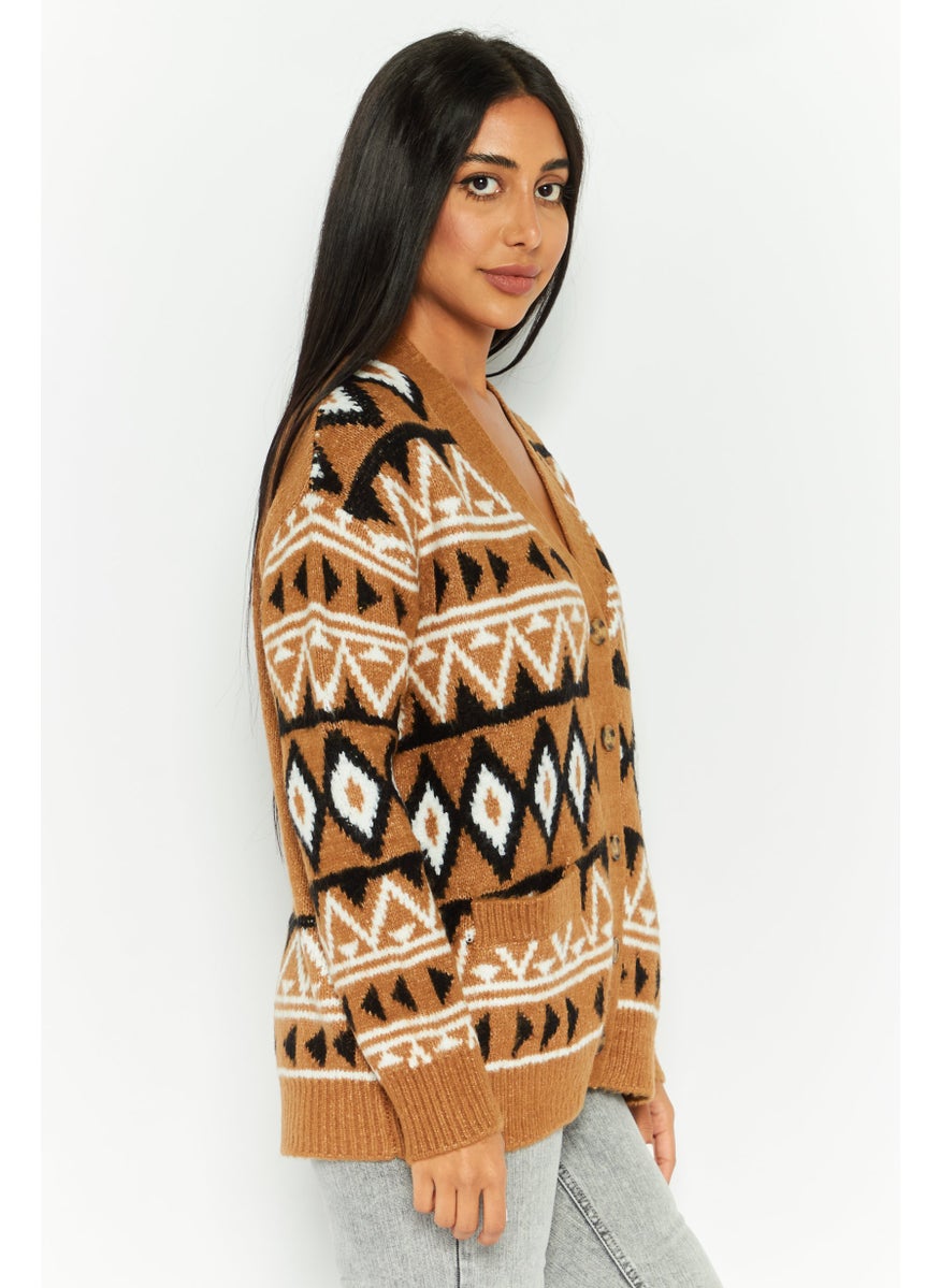Women V-Neck Long Sleeves Aztec Print Cardigans, Brown Combo