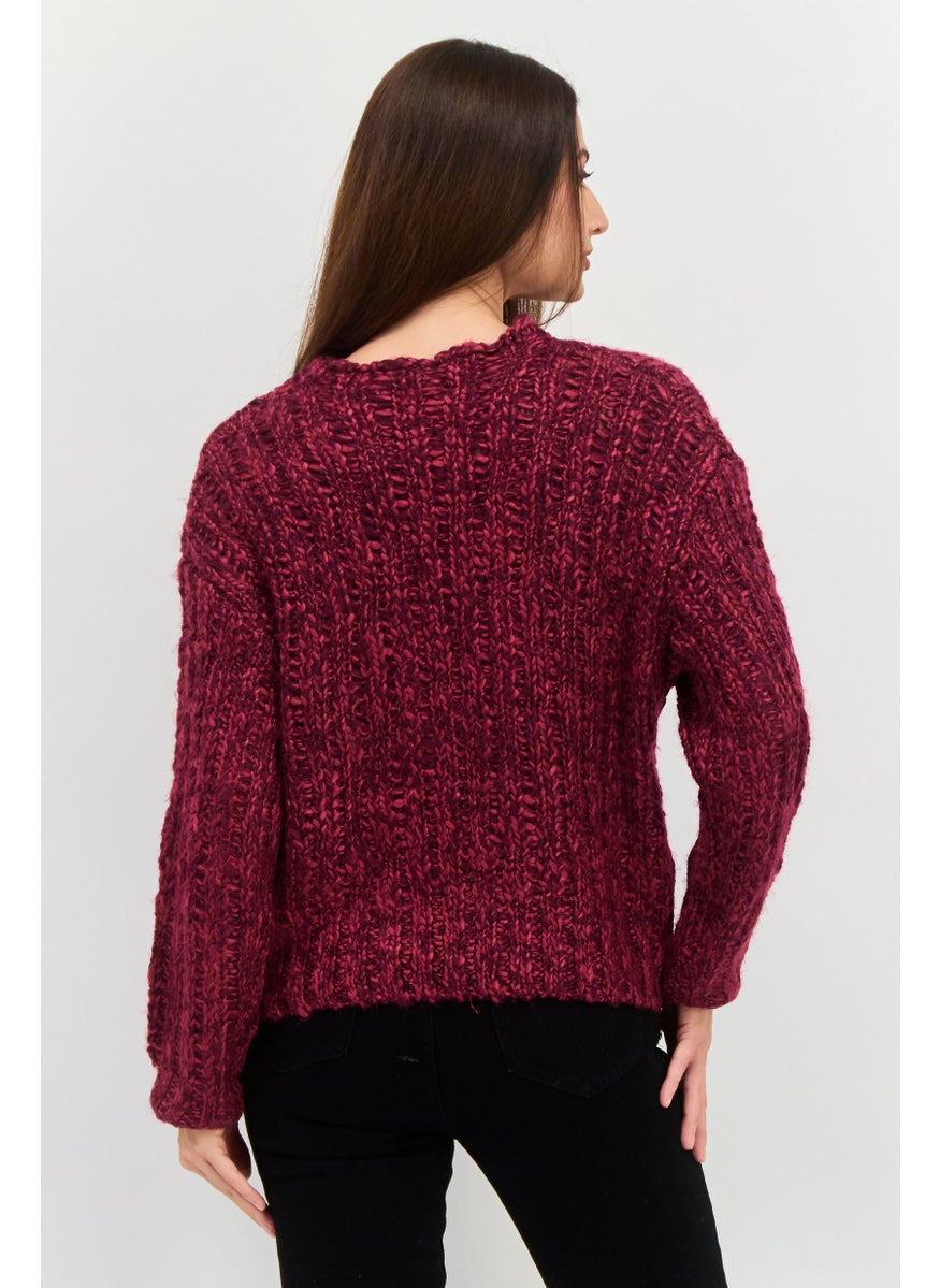 Women Round Neck Textured Sweater, Burgundy