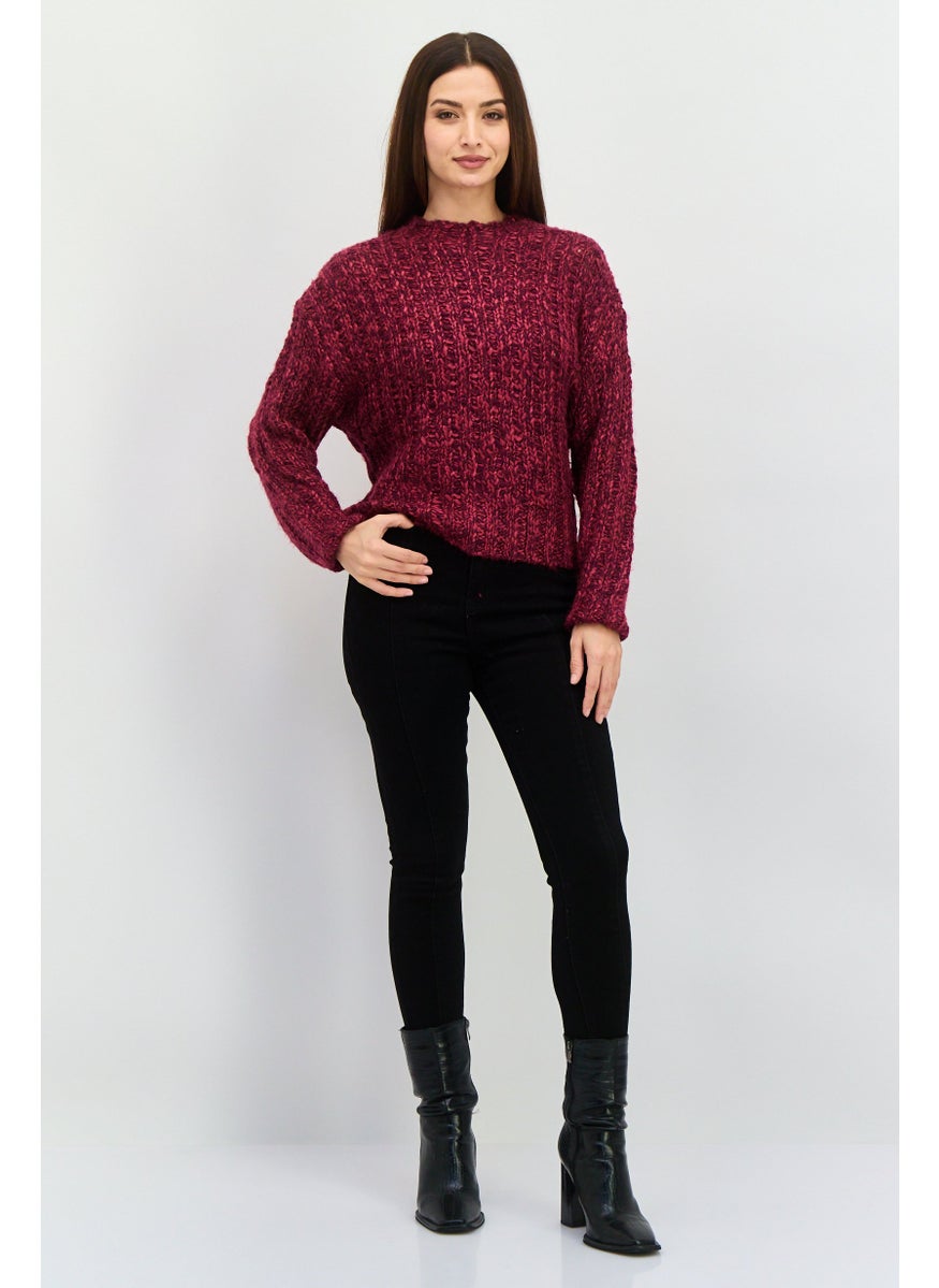 Women Round Neck Textured Sweater, Burgundy