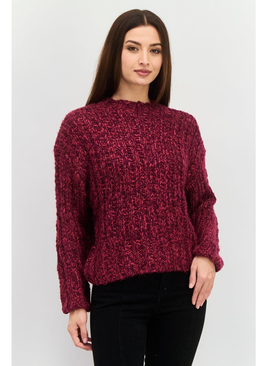 Women Round Neck Textured Sweater, Burgundy