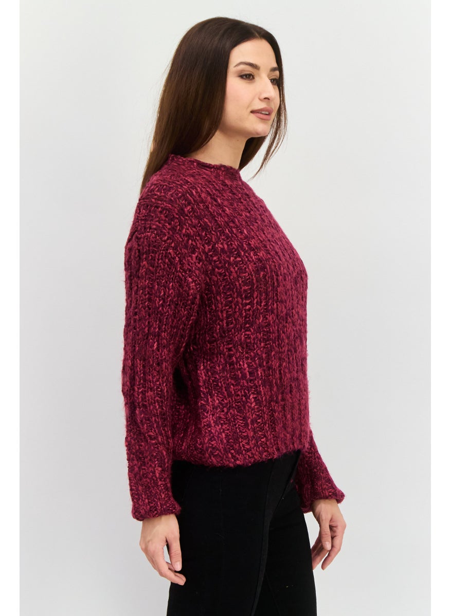 Women Round Neck Textured Sweater, Burgundy