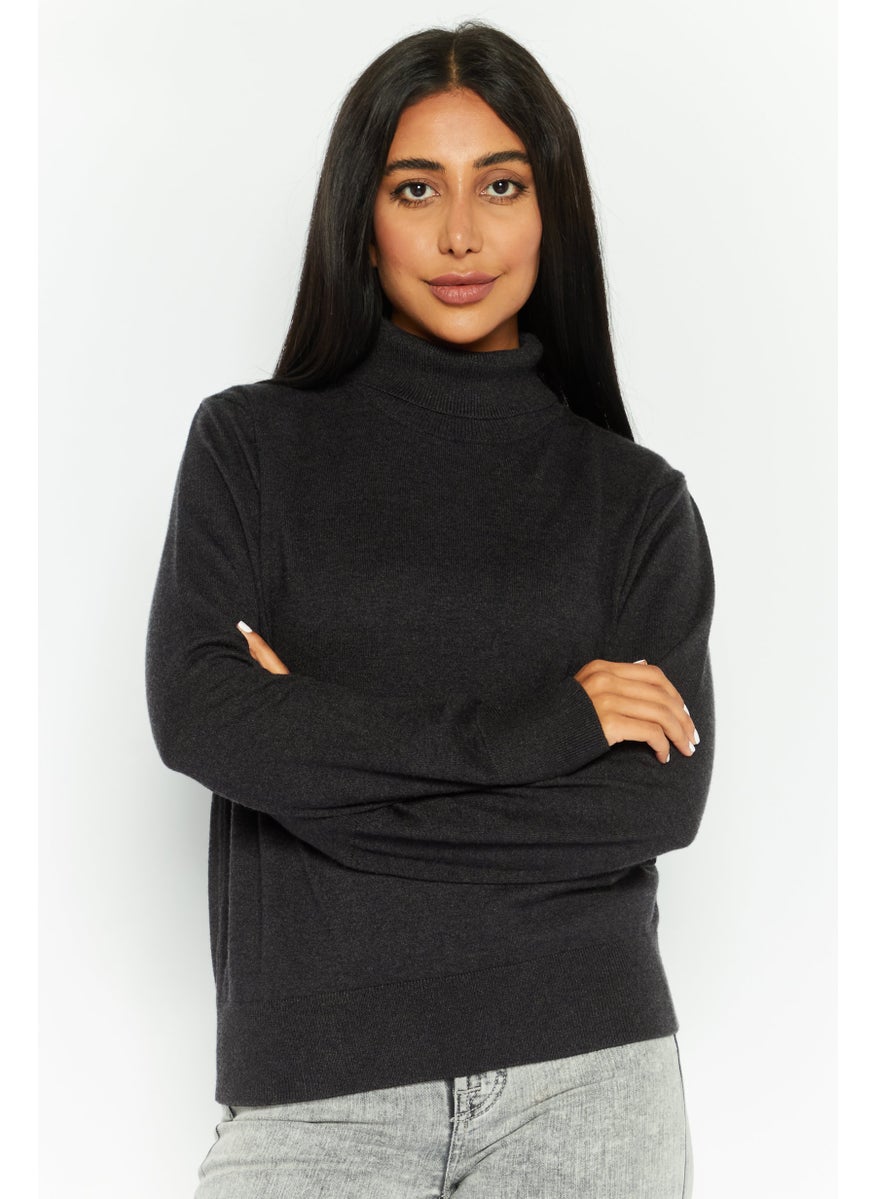 Women Turtle Neck Long Sleeves Knitted Sweater, Black