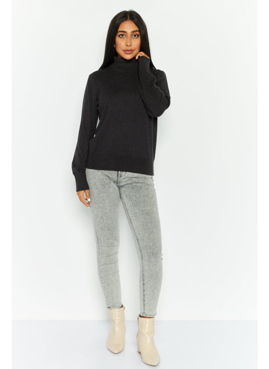 Women Turtle Neck Long Sleeves Knitted Sweater, Black