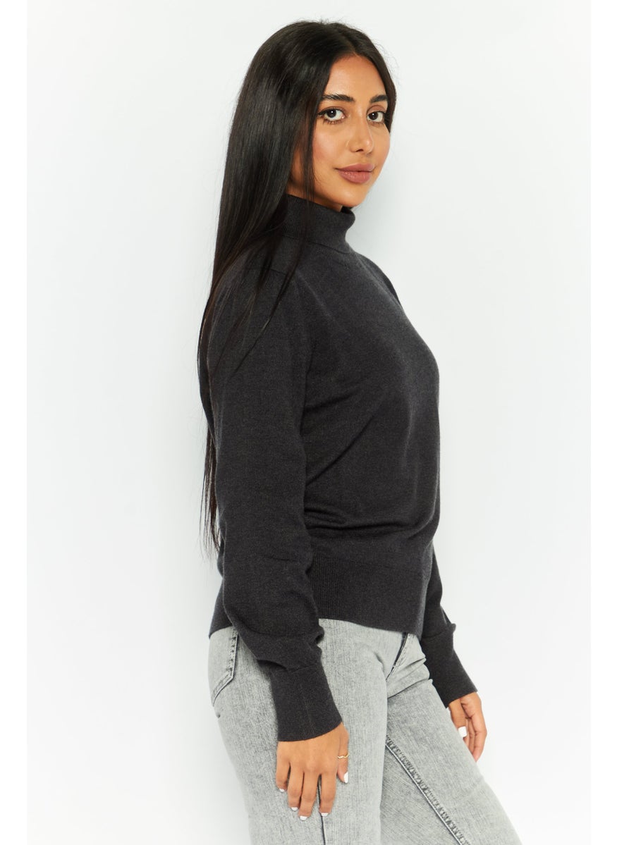 Women Turtle Neck Long Sleeves Knitted Sweater, Black