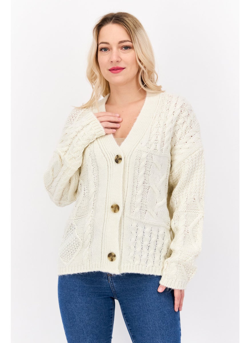 Women V Neck Textured Cardigans, Off White