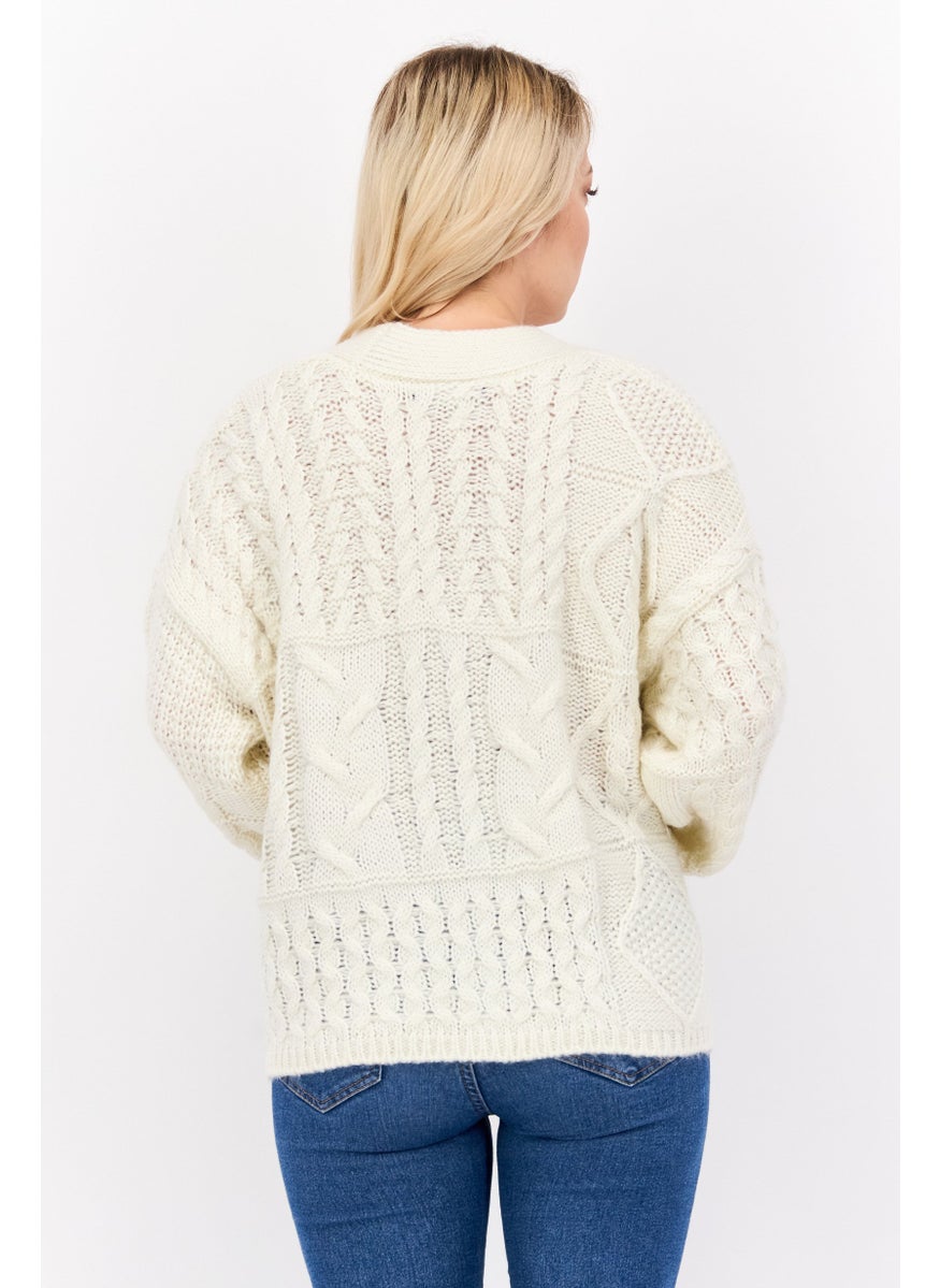 Women V Neck Textured Cardigans, Off White