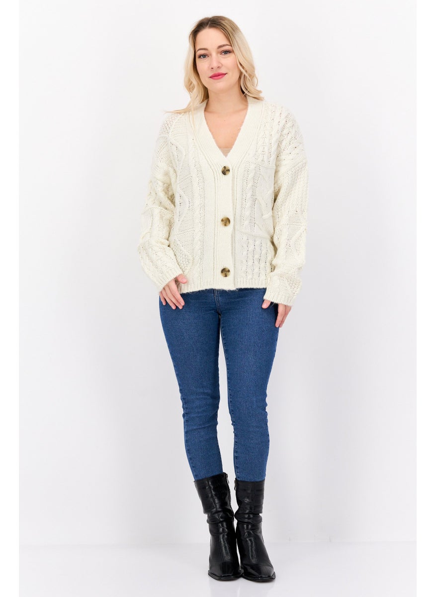 Women V Neck Textured Cardigans, Off White