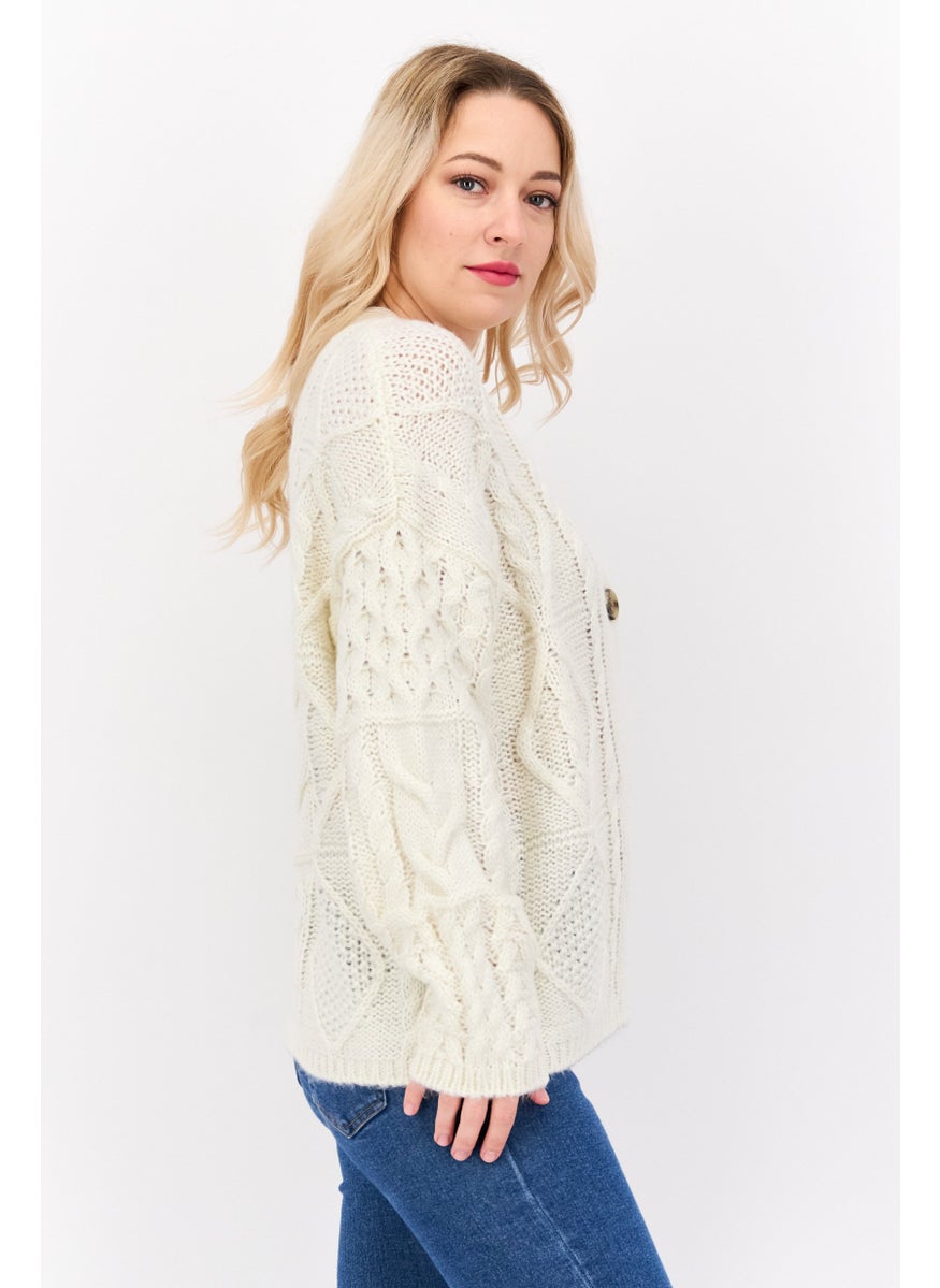 Women V Neck Textured Cardigans, Off White