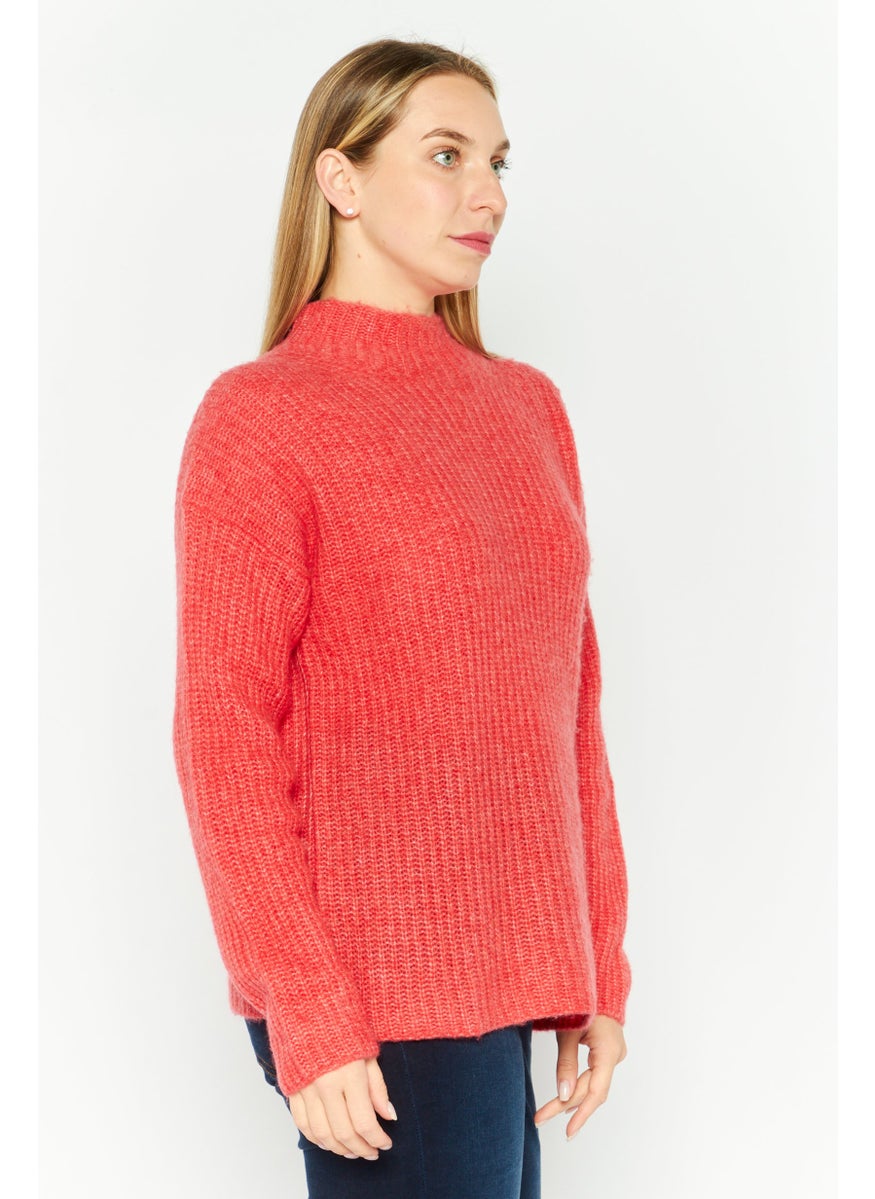 Women Mock Neck Long Sleeves Knitted Sweater, Red