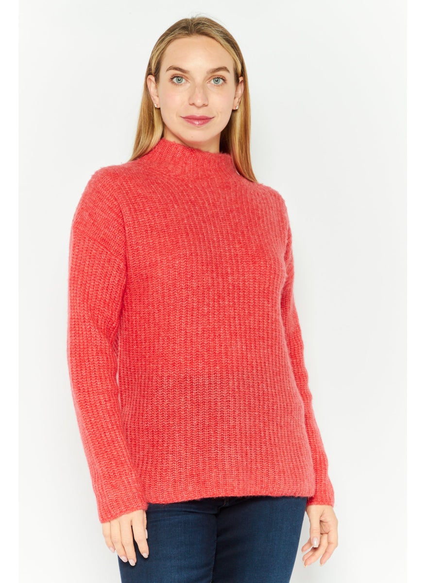Women Mock Neck Long Sleeves Knitted Sweater, Red