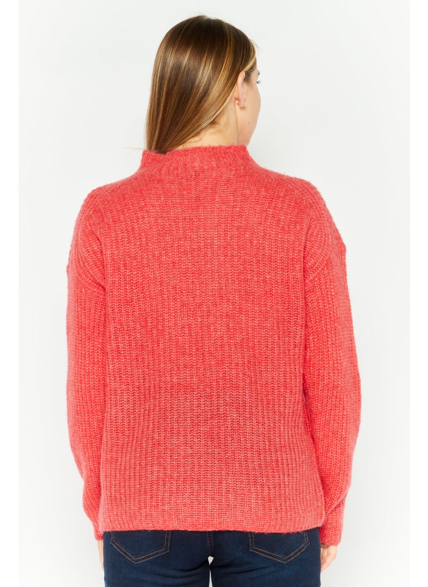 Women Mock Neck Long Sleeves Knitted Sweater, Red