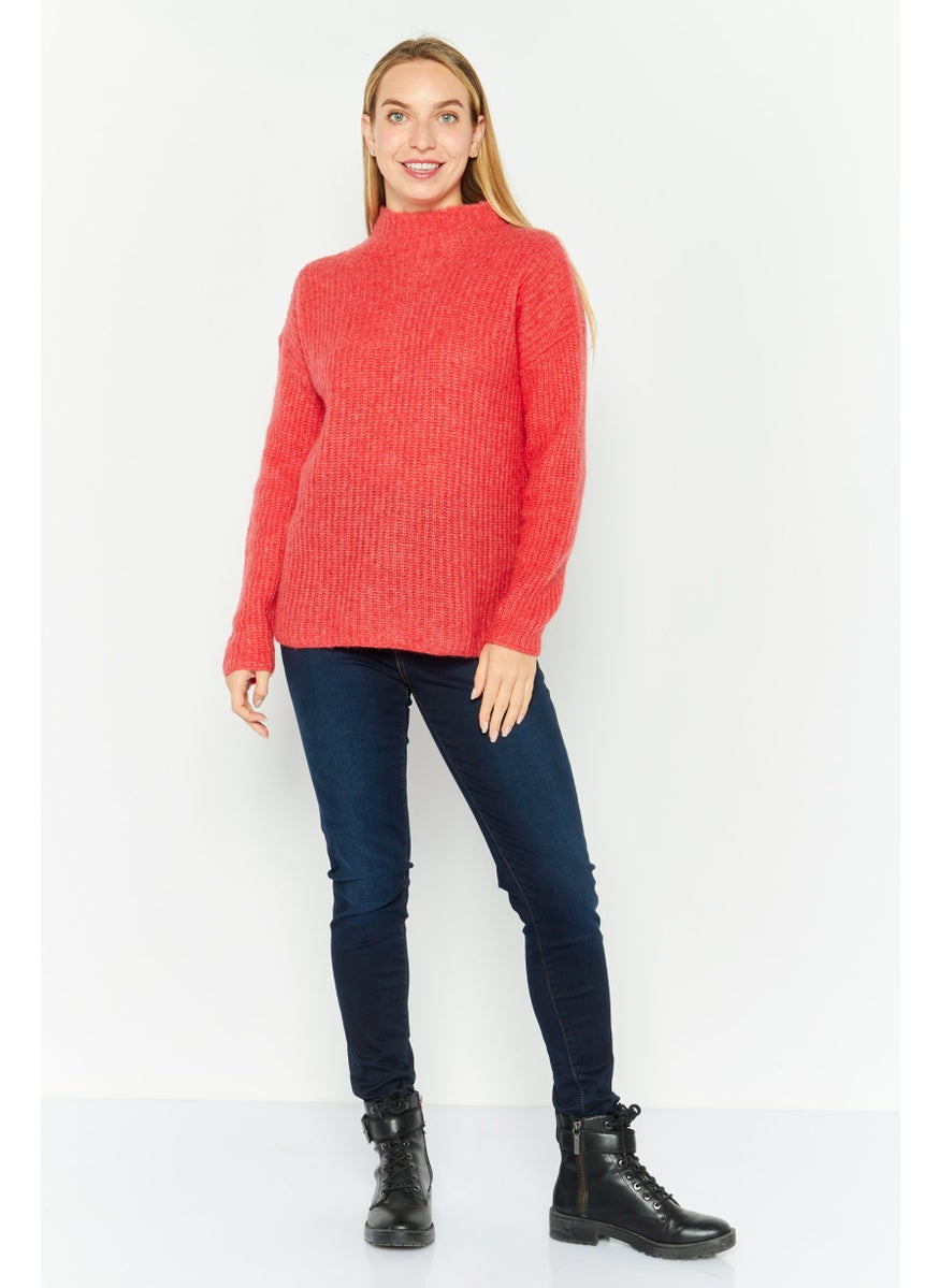Women Mock Neck Long Sleeves Knitted Sweater, Red