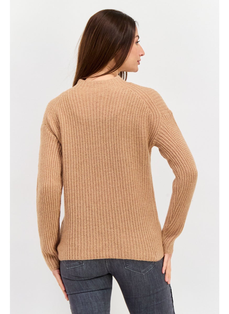 Women Mock Neck Knitted Sweater, Brown