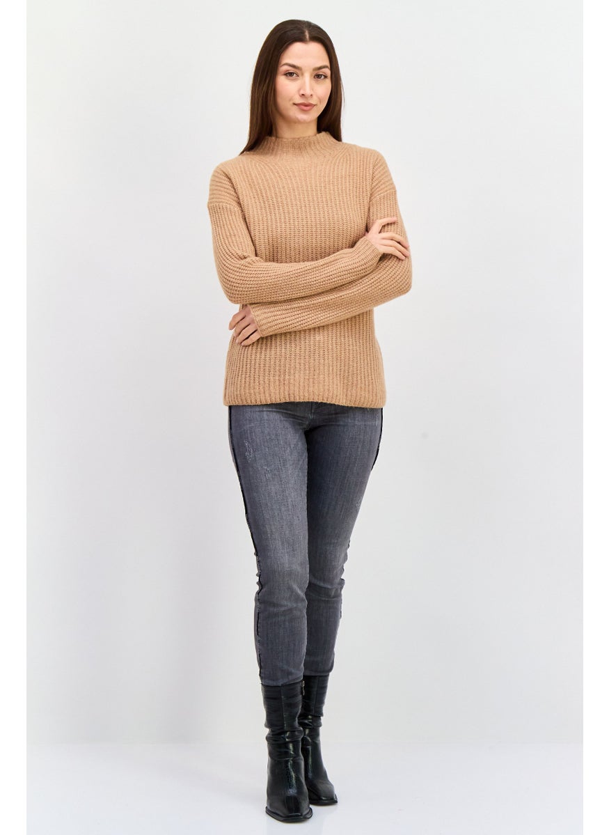 Women Mock Neck Knitted Sweater, Brown