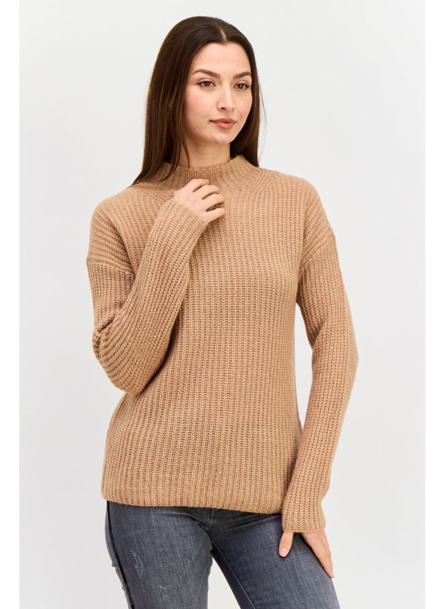 Women Mock Neck Knitted Sweater, Brown