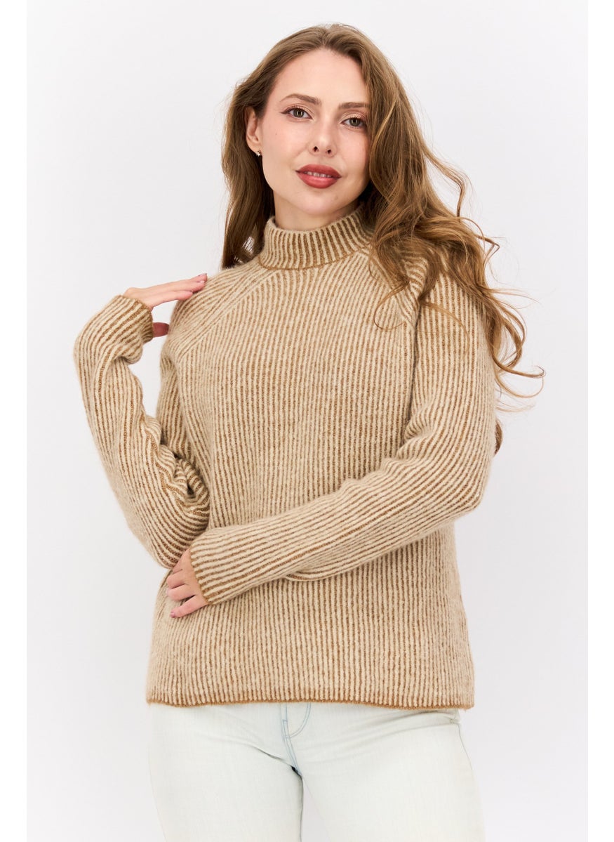 Women Mock Neck Striped Sweaters, Beige
