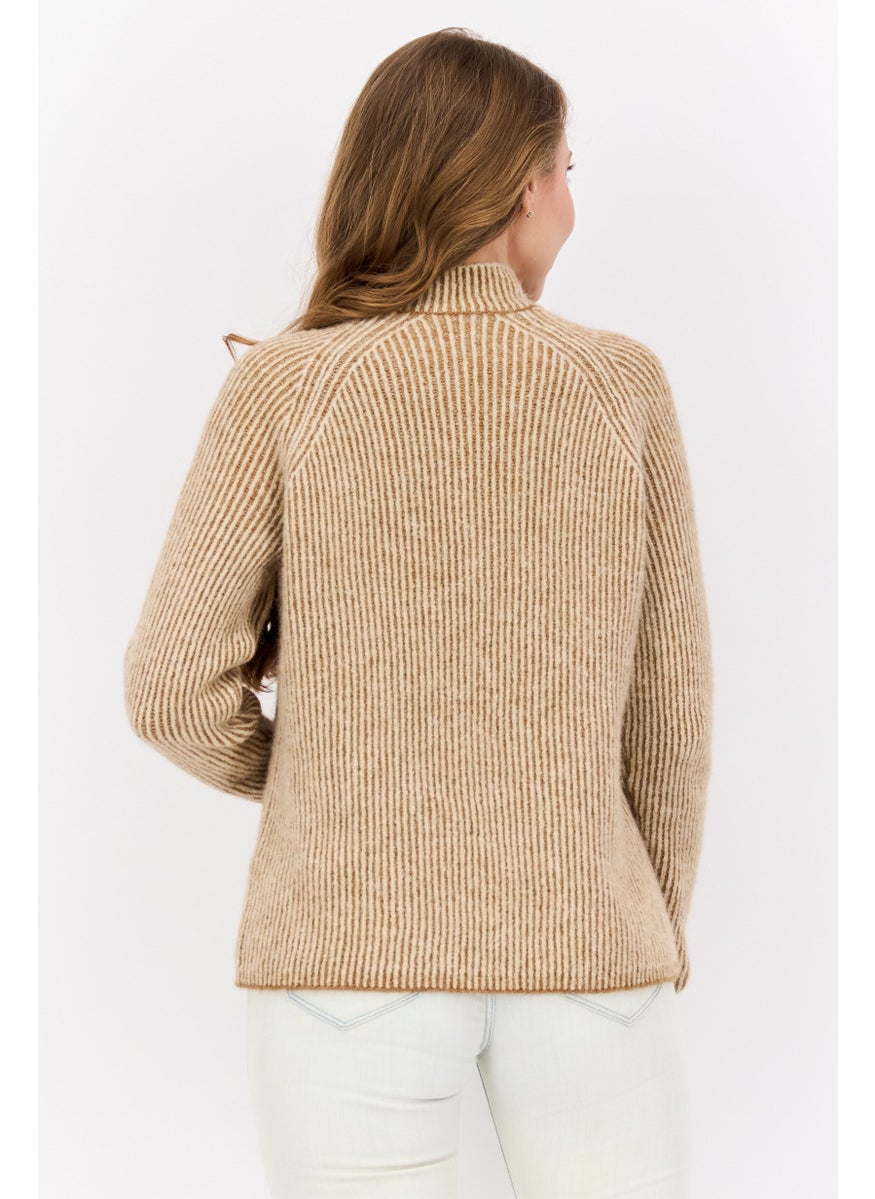 Women Mock Neck Striped Sweaters, Beige