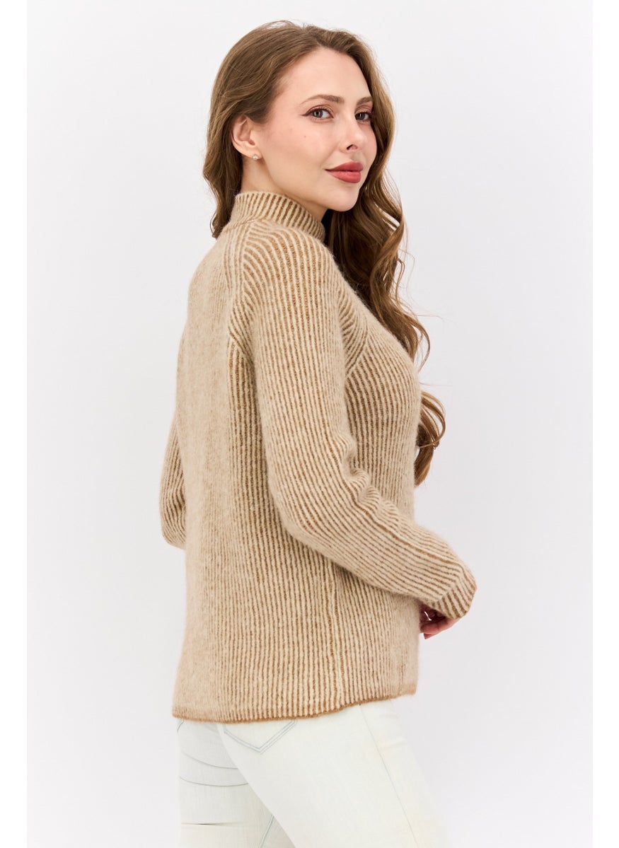 Women Mock Neck Striped Sweaters, Beige