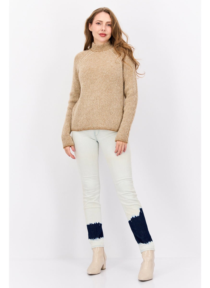 Women Mock Neck Striped Sweaters, Beige