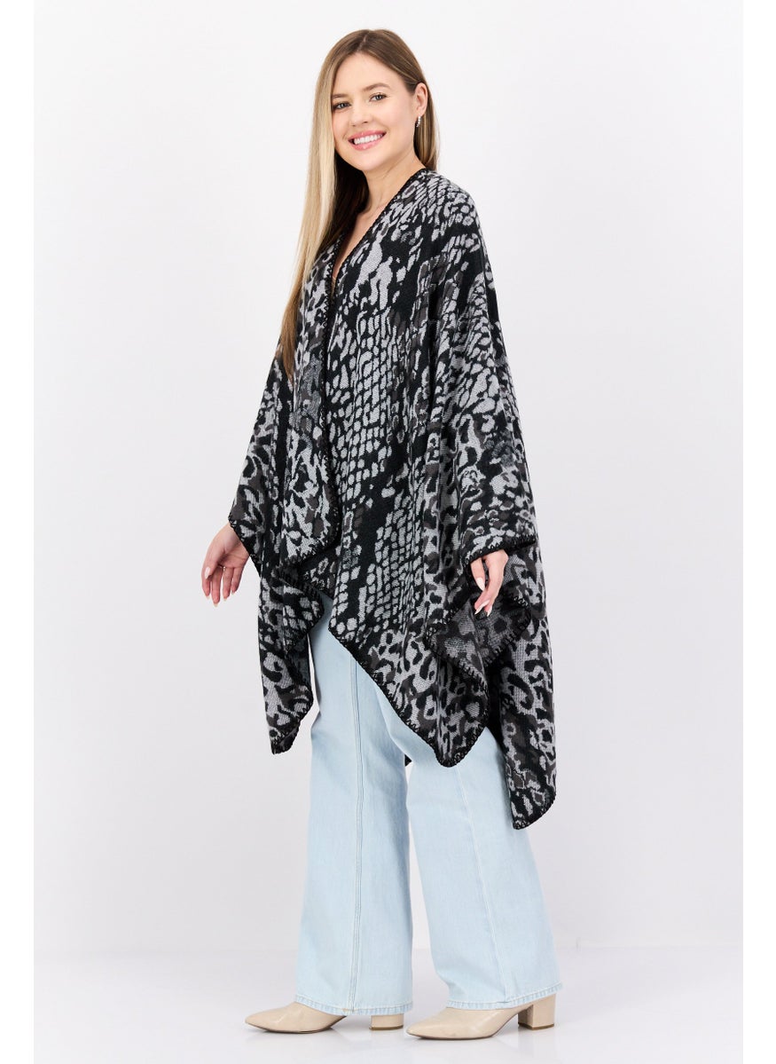Women Snakeskin Print Poncho Sweater, Black