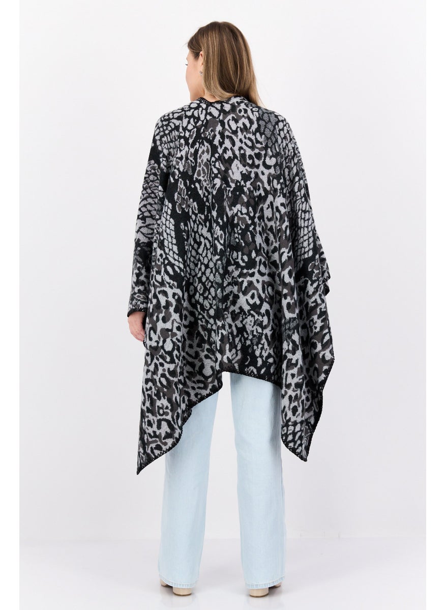 Women Snakeskin Print Poncho Sweater, Black