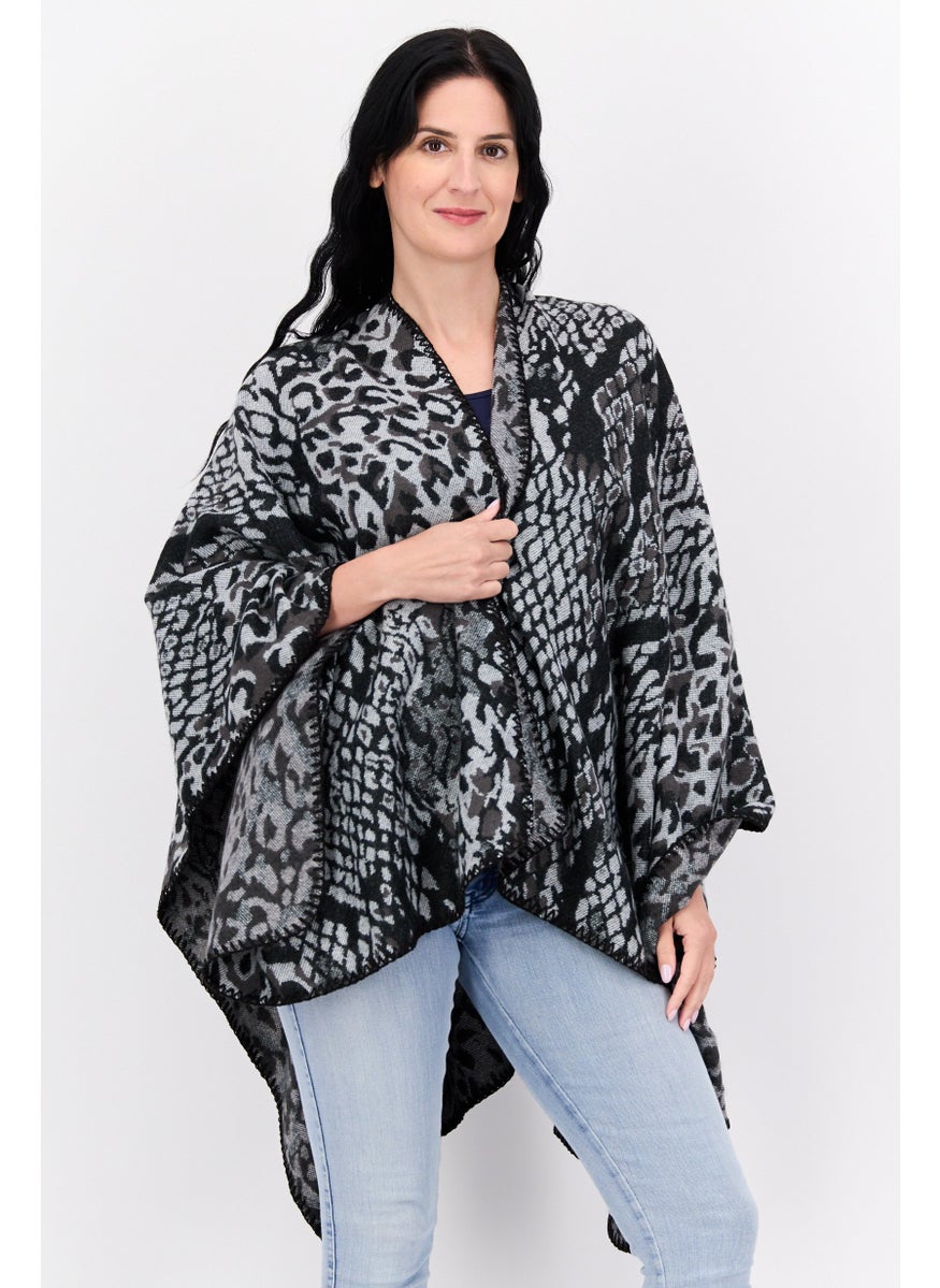 Women Snakeskin Print Poncho Sweater, Black
