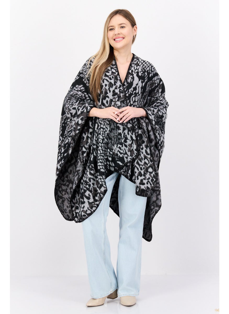 Women Snakeskin Print Poncho Sweater, Black