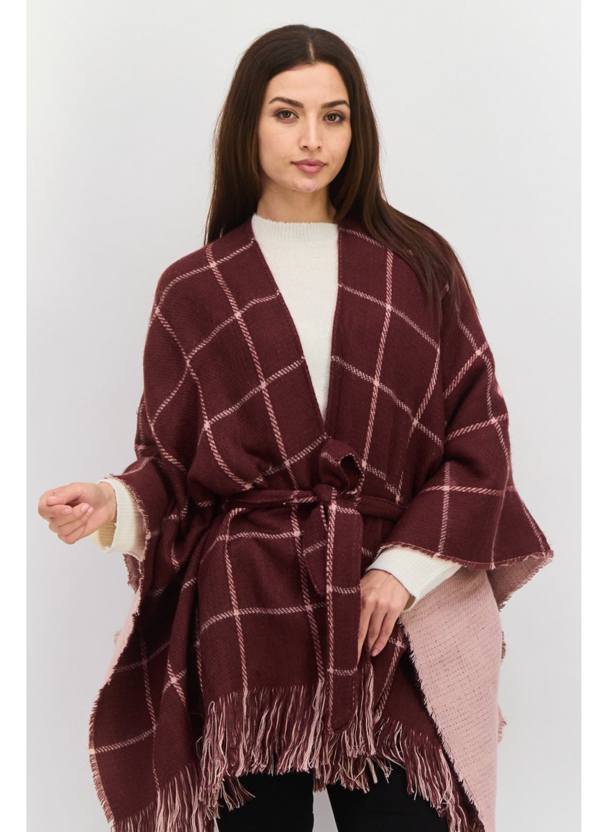 Women Checkered Belted Poncho Sweater, Maroon