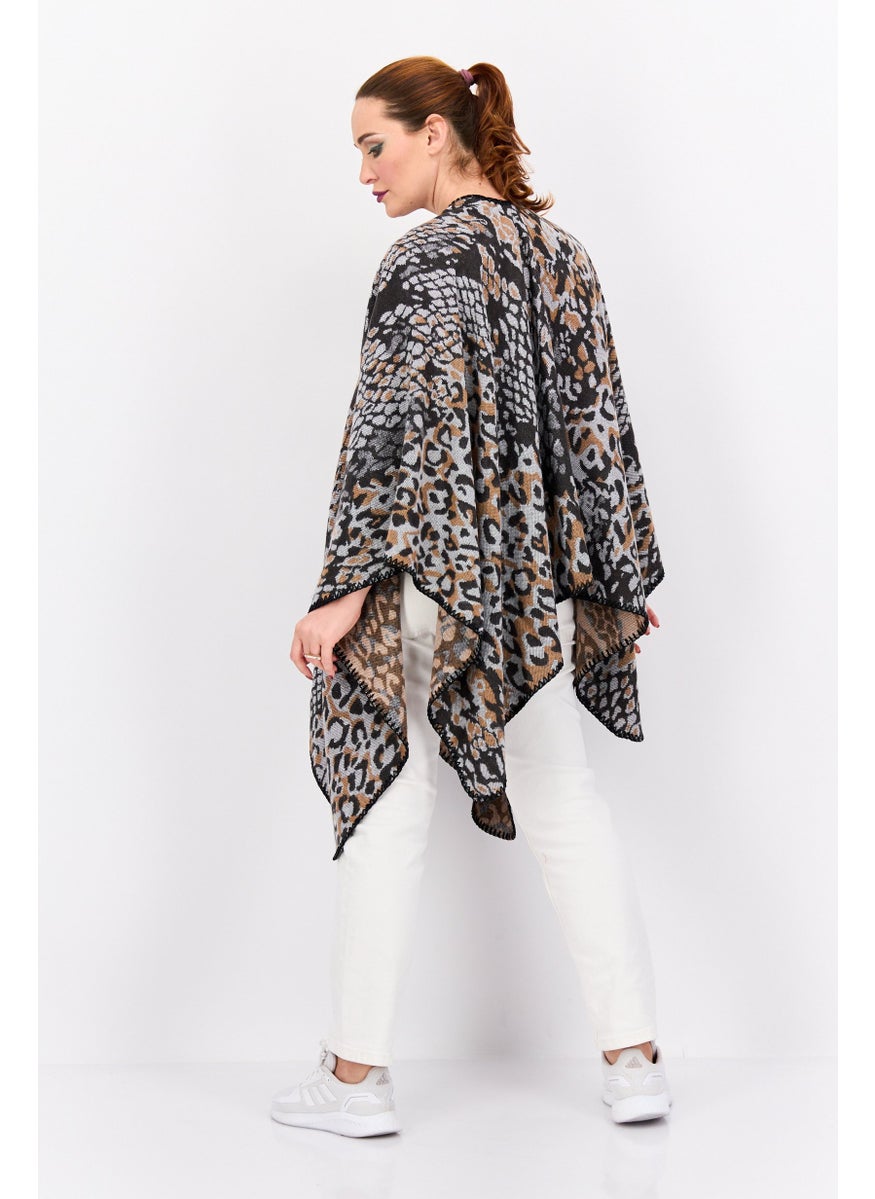 Women Snakeskin Print Poncho Sweater, Black