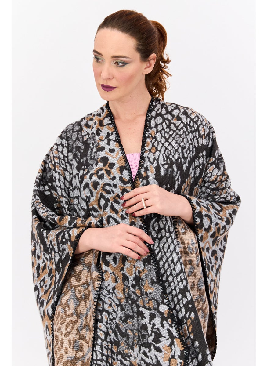 Women Snakeskin Print Poncho Sweater, Black