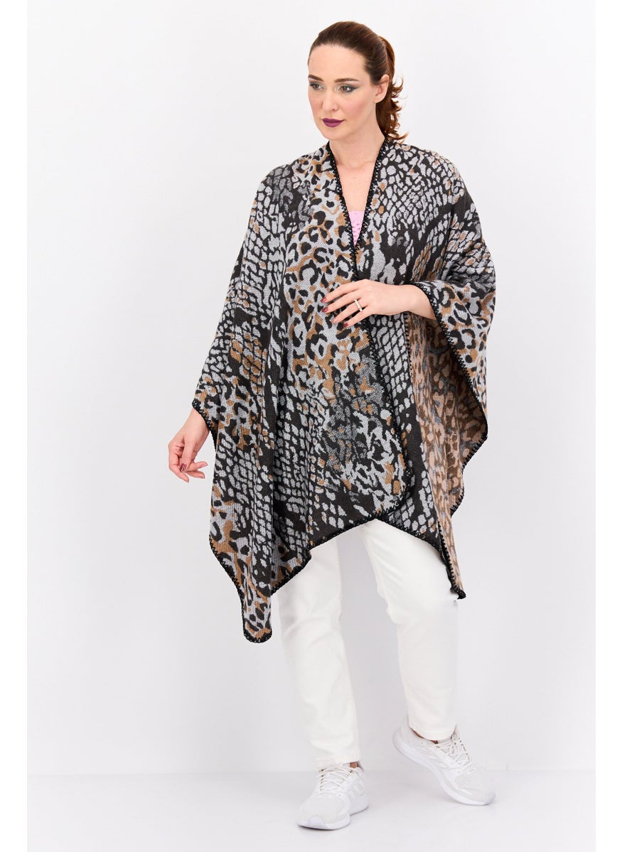 Women Snakeskin Print Poncho Sweater, Black