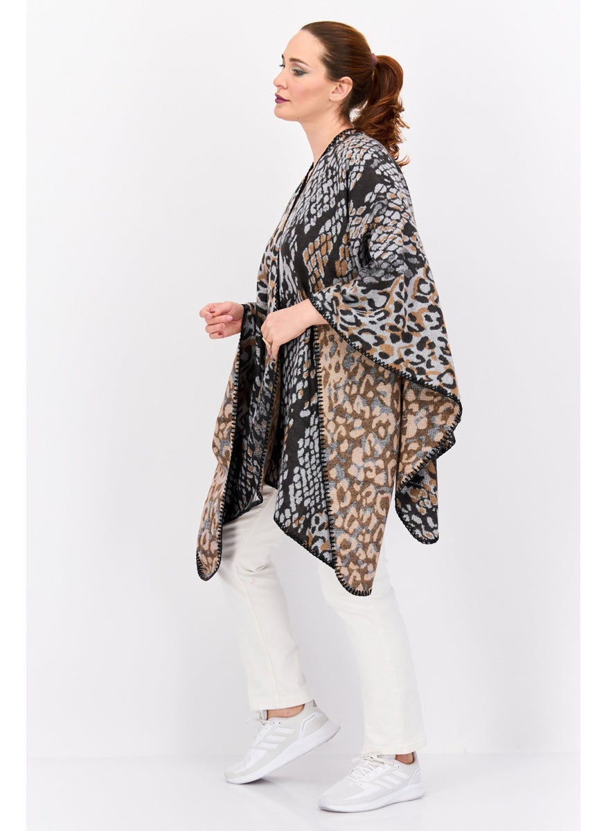 Women Snakeskin Print Poncho Sweater, Black