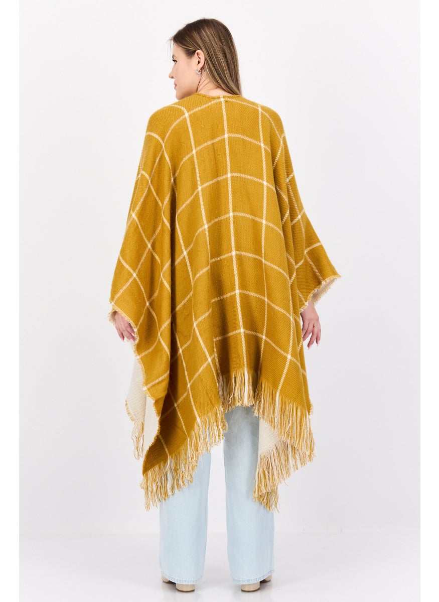 Women Checkered Belted Poncho Sweater, Mustered