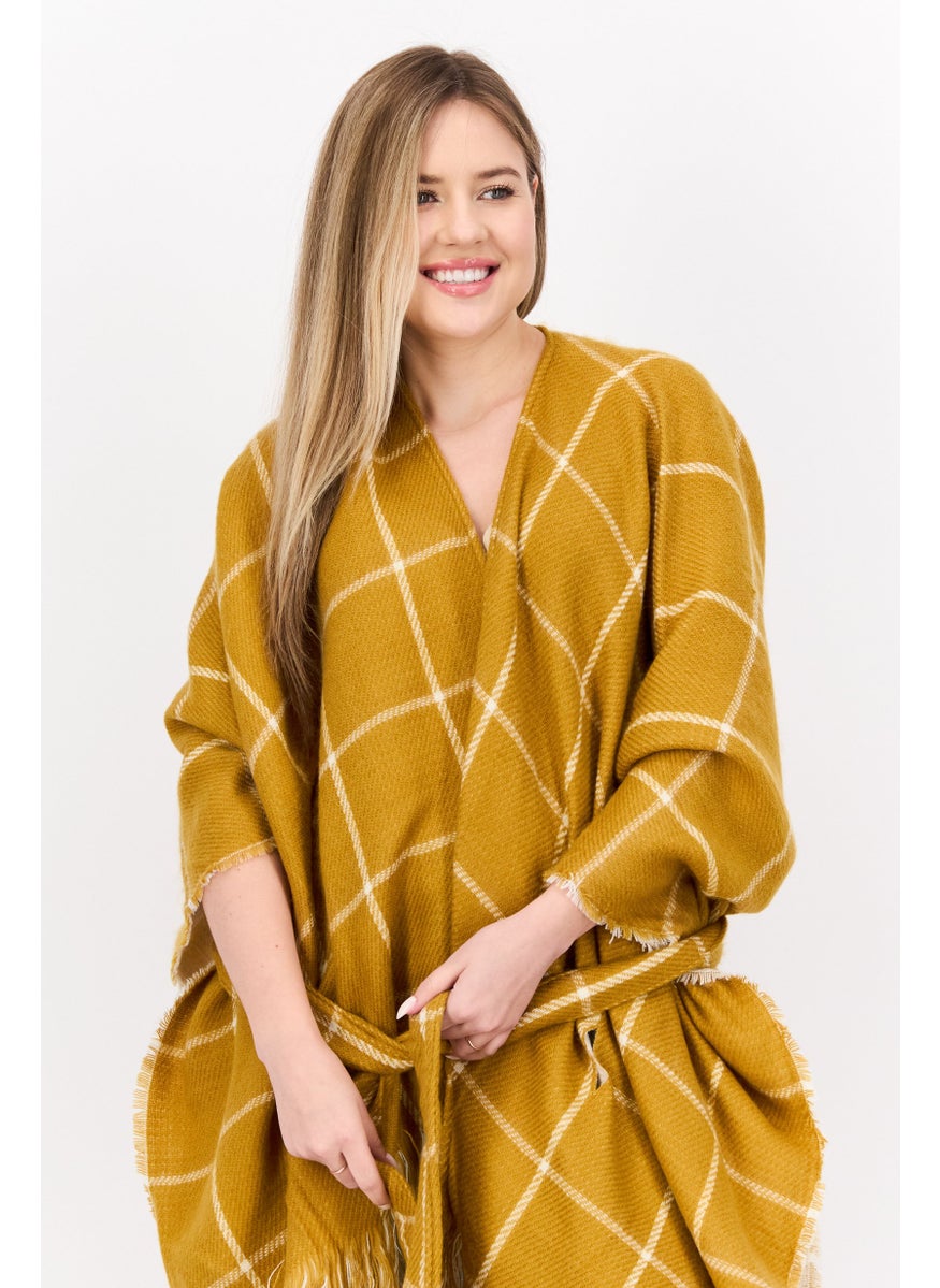Women Checkered Belted Poncho Sweater, Mustered