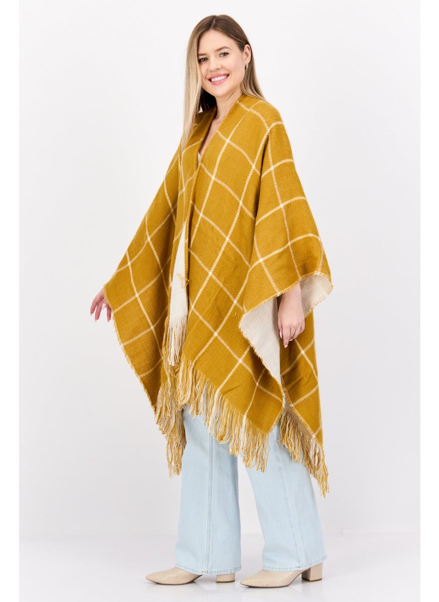 Women Checkered Belted Poncho Sweater, Mustered