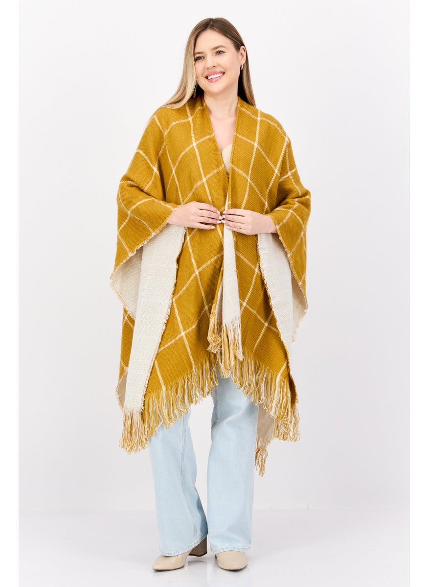 Women Checkered Belted Poncho Sweater, Mustered